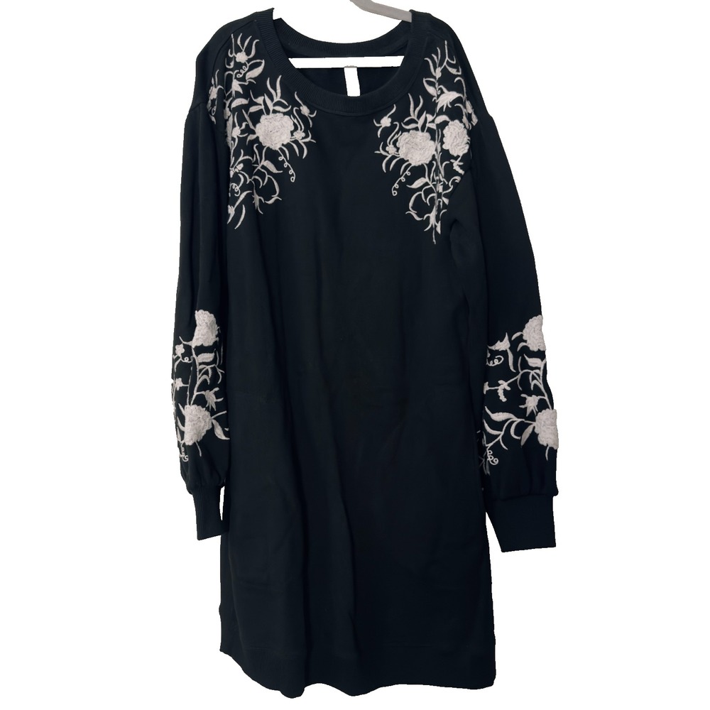 Anthropologie Daily Practice Embroidered Floral Sweatshirt Dress Black Sz Small